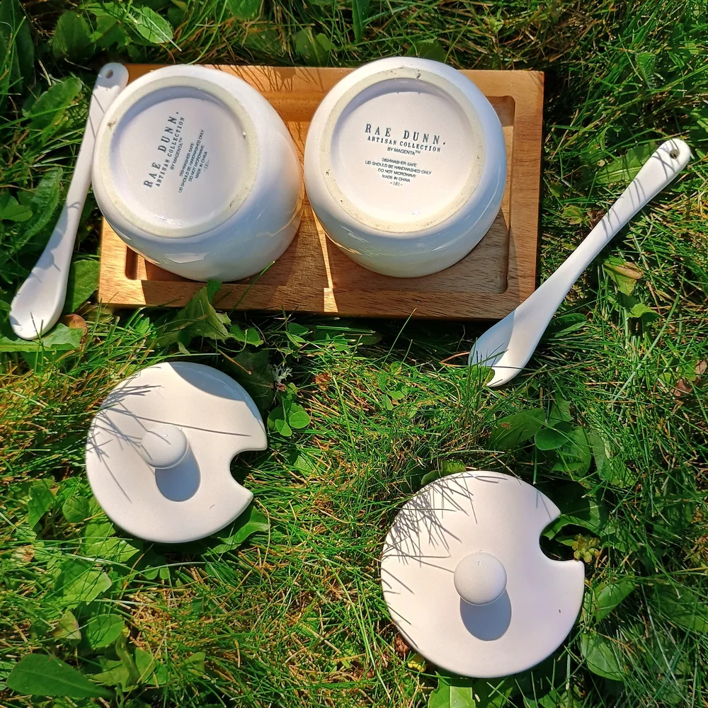 Rae Dunn Keep Hold ceramic serving pots w spoons, lids & base, farmhouse style